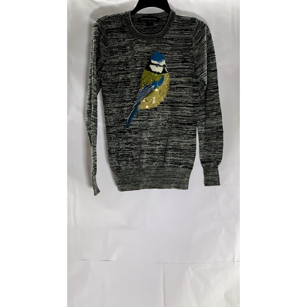 FRENCH CONNECTION Women's Gray-Black Sequin Embellished Bird Sweater SZ S